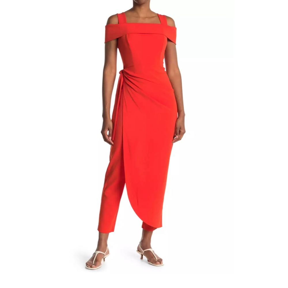 Marina Cold Shoulder Waist Tie Overlay Jumpsuit in Orange (Red Orange)